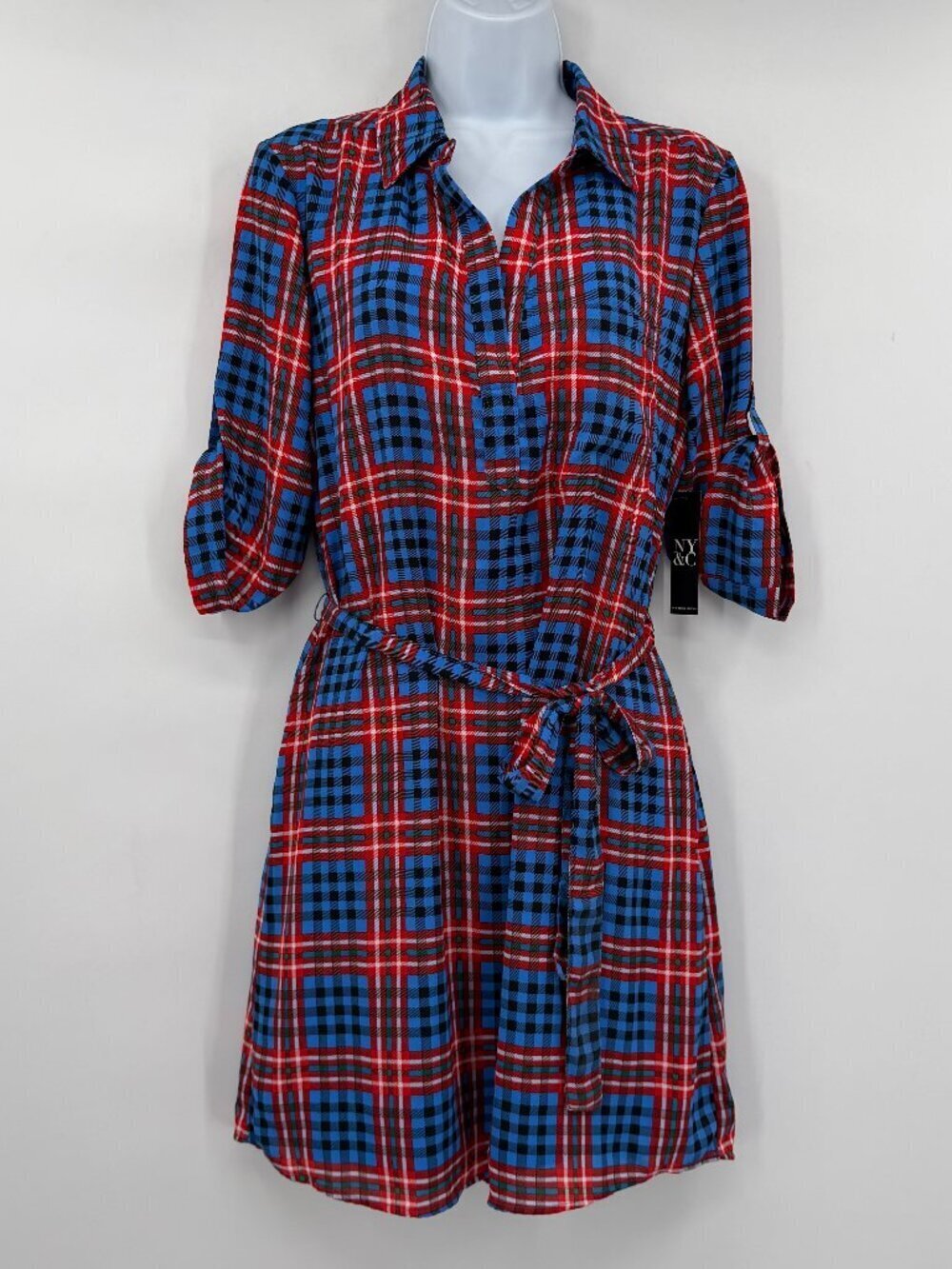 New York & Company Plaid Shirt Mini Dress Belted Tunic 3/4 Sleeve Red Blue S NWT